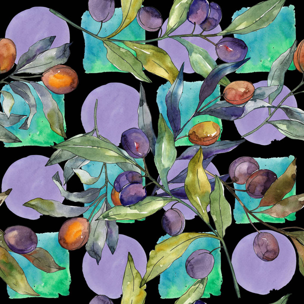 Olive branch with black and green fruit. Watercolor background illustration set. Seamless background pattern. - Foto, Imagen