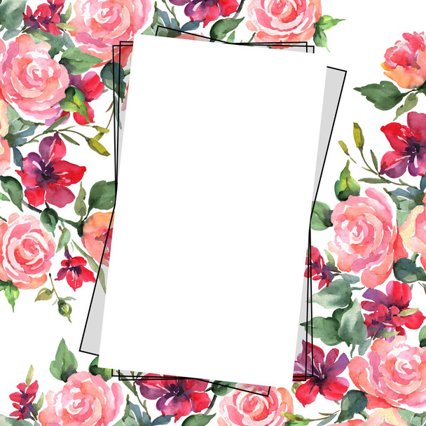 Pink rose bouquet floral botanical flowers. Wild spring leaf wildflower isolated. Watercolor background illustration set. Watercolour drawing fashion aquarelle isolated. Frame border ornament square. - Fotoğraf, Görsel