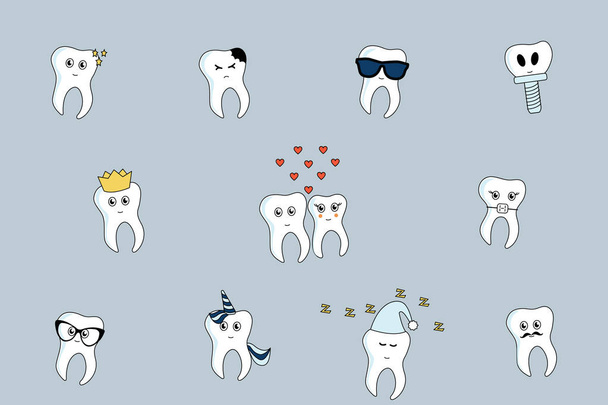 Various cute cartoon tooth emoticons. - Vector, Image