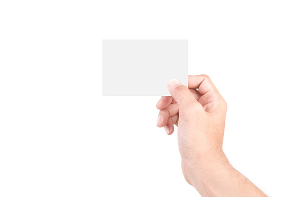 Чоловічі кавказькі жести руки, ізольовані над білим фоном. Ручний Холдинг картка. - Фото, зображення