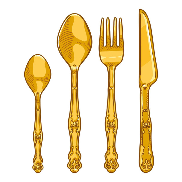 Vector Cartoon Color Set of Golden Cutlery. Knife, Fork, Spoon, Tea-spoon - Vector, Image