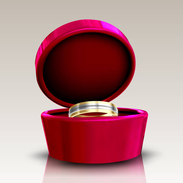 Χρυσαφί και ασημένιο δαχτυλίδι σε στρογγυλό κόκκινο κουτί διάνυσμα - Διάνυσμα, εικόνα