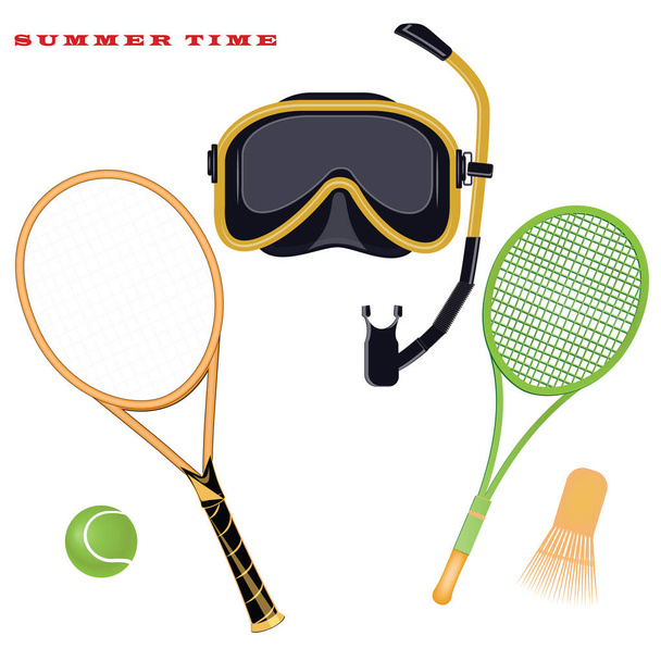 Sports accessories for summer holidays - diving mask, tennis racket, ball, badminton, shuttlecock - isolated on white background - vector - Vetor, Imagem