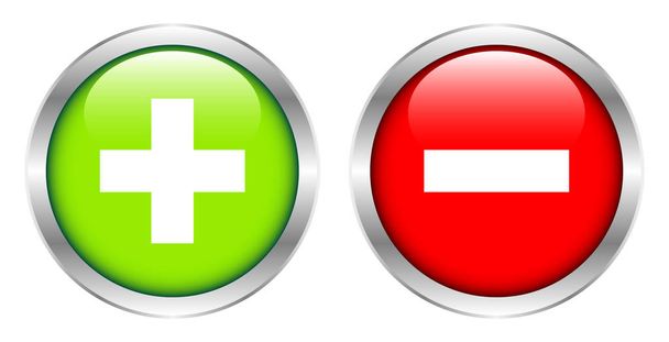 Conjunto de dos botones enmarcados en plata más y menos verde y rojo
 - Vector, Imagen