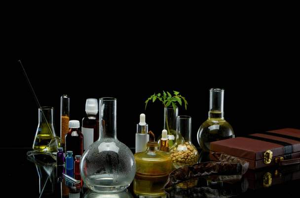 Medical jars with reagents and a plant with a leather suitcase on a black background - Φωτογραφία, εικόνα