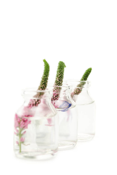 selective focus of glass bottles with pink veronica flowers isolated on white  - Foto, Imagem