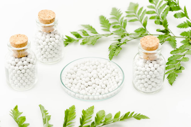 selektywnej ostrości medycyny w szklanej płytce Petriego w pobliżu butelek z drewnianymi korkami i zielonych liści na białym  - Zdjęcie, obraz