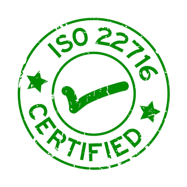 Grunge verde ISO 22716 certificado con sello de sello de goma redondo icono de marca sobre fondo blanco
 - Vector, imagen