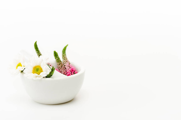 veronica ve krizantem çiçekleri beyaz üzerinde havaneli yakın harç içinde  - Fotoğraf, Görsel