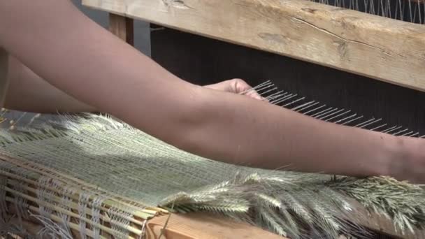 γυναίκα χέρια υφαίνουν χαλάκι χαλί με ρετρό χειροποίητα αργαλειό στην υπαίθρια έκθεση. 4K - Πλάνα, βίντεο