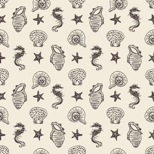 Beige en bruine vector seahorse, zeesterren en Seashell naadloze patroon achtergrond. - Vector, afbeelding
