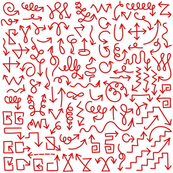 様々な矢印、方向またはモーションインジケータ、赤いフェルトペンで描かれたカーソルの大規模なコレクション。白い背景に隔離されています。ベクトルイラスト. - ベクター画像