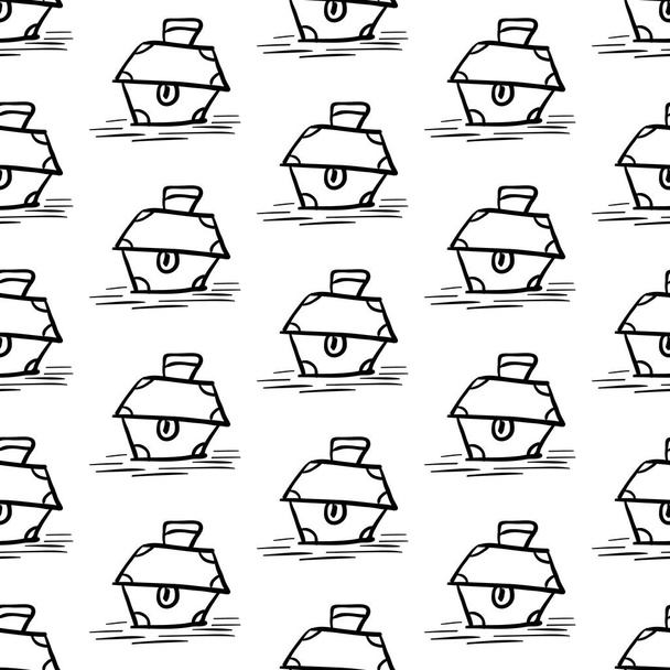 pirates seamless pattern , black captain treasure chest background wallpaper, repeatable funny hand painted texture of box , vector illustration isolated on white line art shape - Vector, Imagen