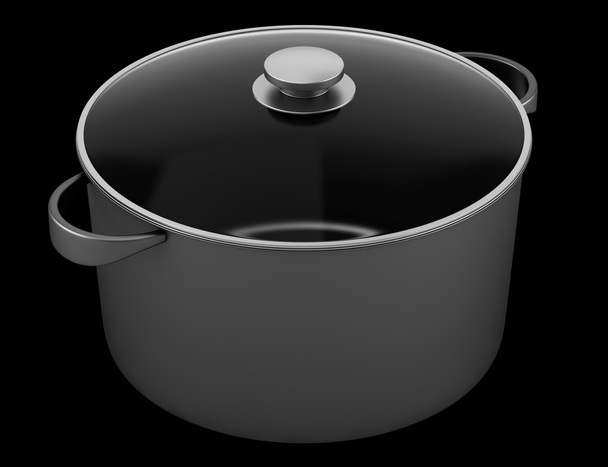 single black cooking pan isolated on black background - 写真・画像