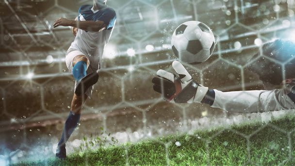 Bramkarz łapie piłkę na stadionie podczas meczu piłki nożnej - Zdjęcie, obraz