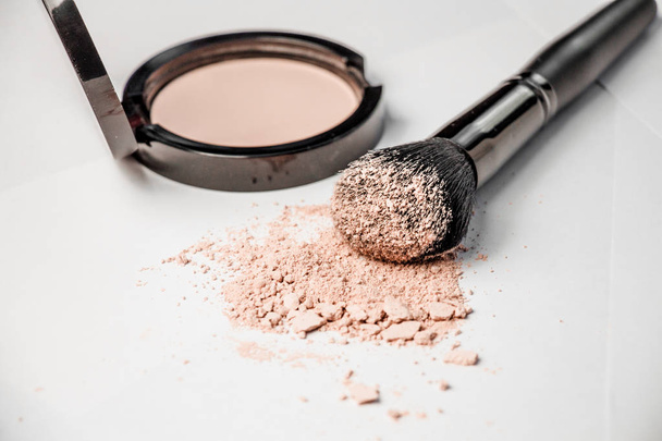 open powder box, black make-up brush, powder hill - Photo, Image