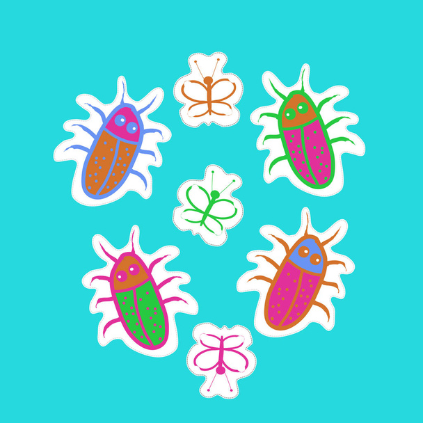 colored pattern with funny beetles and butterflies - Vector, afbeelding