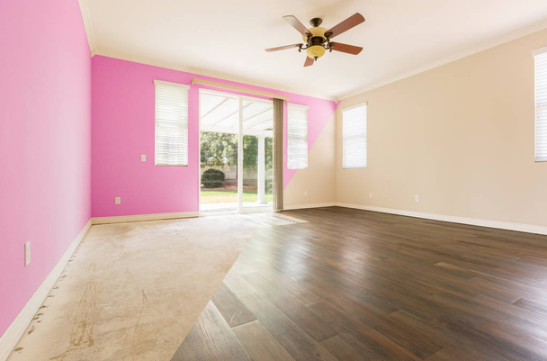 Chambre vide avec section transversale montrant avant et après avec nouveau plancher en bois et peinture
 - Photo, image