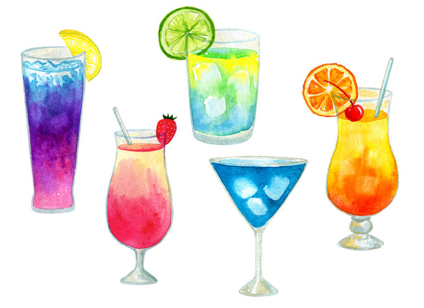 Set o colección de diferentes coloridos cócteles brillantes de verano con frutas. Ilustración acuarela dibujada a mano. Aislado sobre fondo blanco
. - Foto, imagen