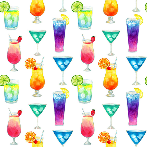 Semless pattern with different colorful summer bright cocktails with fruits. Hand drawn watercolor illustration. Texture for print, fabric, textile, wallpaper. - Photo, Image