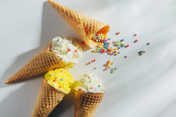 Ice cream cones on white background. Summer concept. - Photo, image