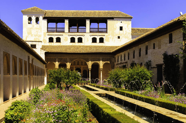 Widok ogólny na dziedziniec Generalife ze słynną fontanną i ogrodem. Kompleks Alhambra de Granada. - Zdjęcie, obraz