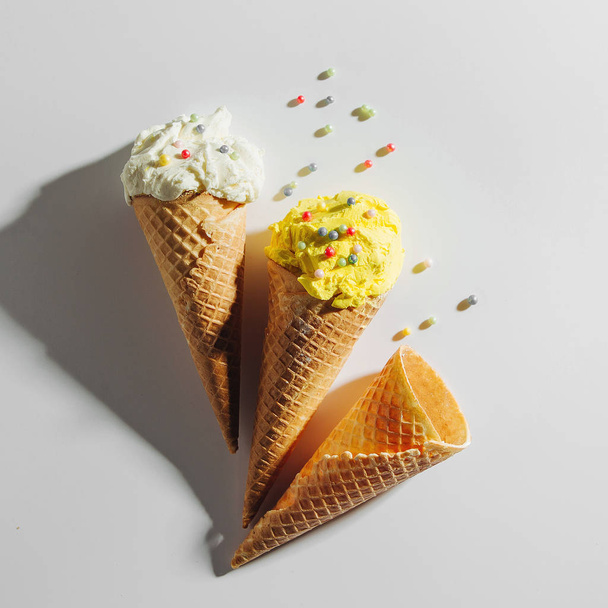 Ice cream cones on white background. Summer concept. - Fotografie, Obrázek