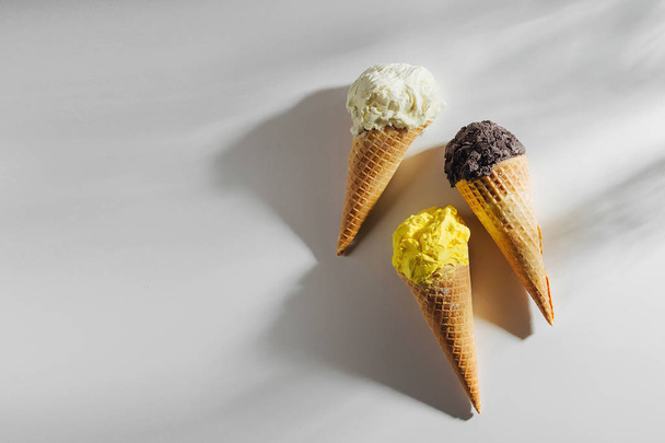 Ice cream cones on white background. Summer concept. - Foto, imagen