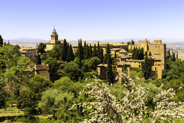 Prachtige Alhambra Paleis en de omliggende bergen in Granada, Spanje. - Foto, afbeelding