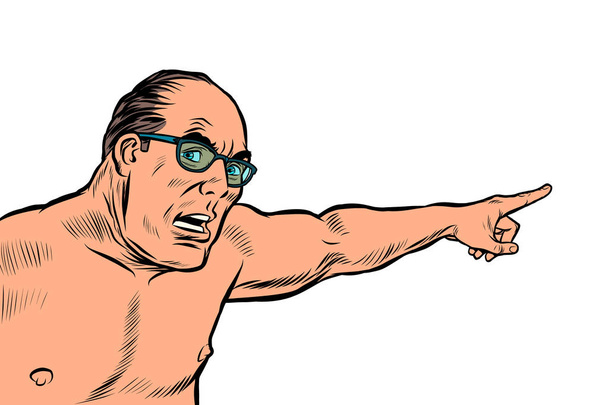 an angry man with a naked torso points. isolate on white background - Vector, Image