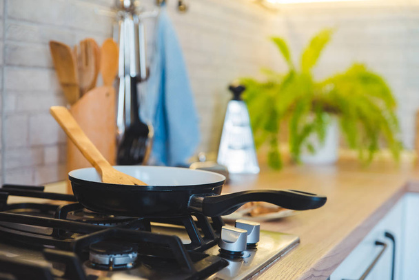 pan on stove with pancakes - Photo, image