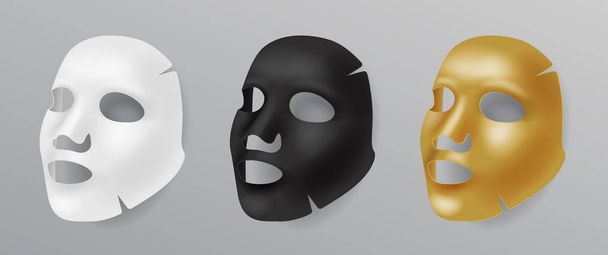 ●ホワイト、ゴールド、ブラックのフェイスマスク、コスメティックプロシージャ、若返り、リアルベクトルイラストをセット. - ベクター画像