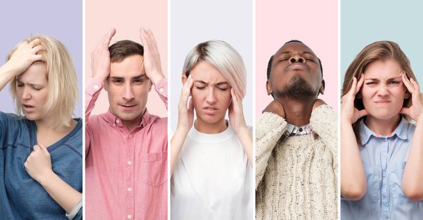 Collage von jungen Männern und Frauen mit starken Kopfschmerzen - Foto, Bild