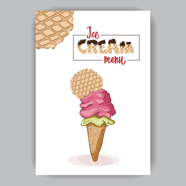 ice cream menu with ice cream in a cone strawberry and pistachio - Vector, Image