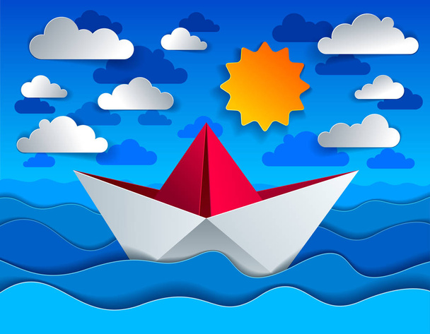 Origami paper ship toy swimming in curvy waves of the sea and cl - Вектор, зображення
