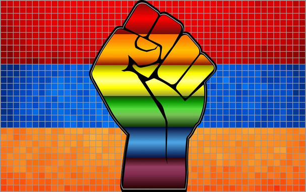Fényes LMBT tiltakozó Fist az örmény zászló-illusztráció, absztrakt mozaik Örményország és meleg zászlók - Vektor, kép