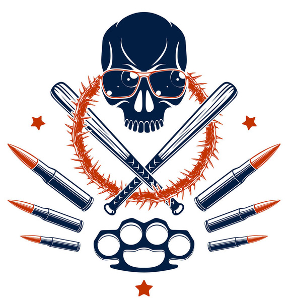 Gangster emblema logotipo ou tatuagem com agressivo crânio beisebol ba
 - Vetor, Imagem