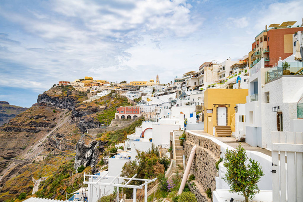 Panoramiczny widok i ulice Santorini wyspa w Grecja, strzał i - Zdjęcie, obraz