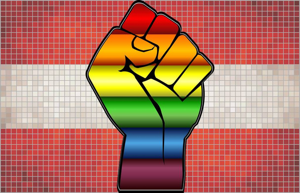 Lesklý LGBT protestní pěst na rakouské vlajky-ilustrace, abstraktní mozaikové Rakousko a homosexuální vlajky - Vektor, obrázek