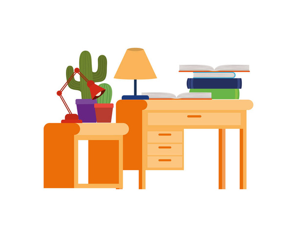 Schreibtisch und Regal mit Bücherstapel auf weißem Hintergrund - Vektor, Bild