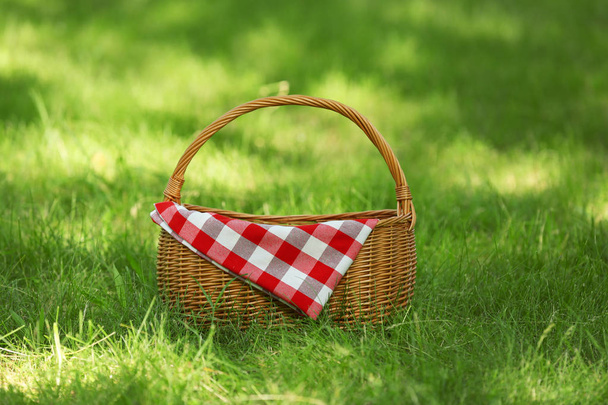 公園の緑の草の上に毛布とウィッカーバスケット。夏のピクニック - 写真・画像