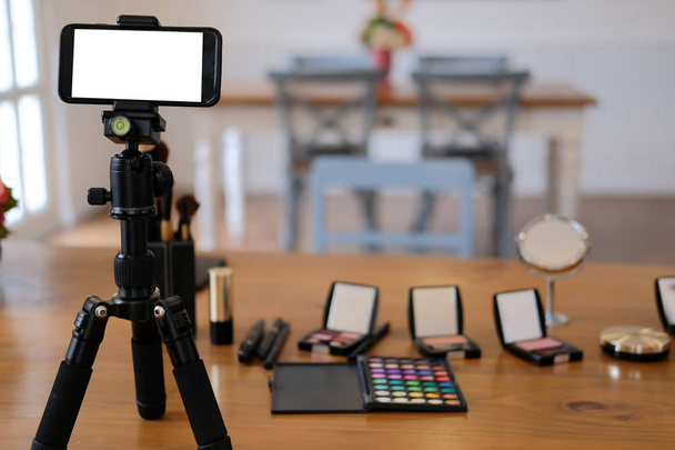 cosmetic & smartphone for recording video on beauty blogger tabl - Photo, Image