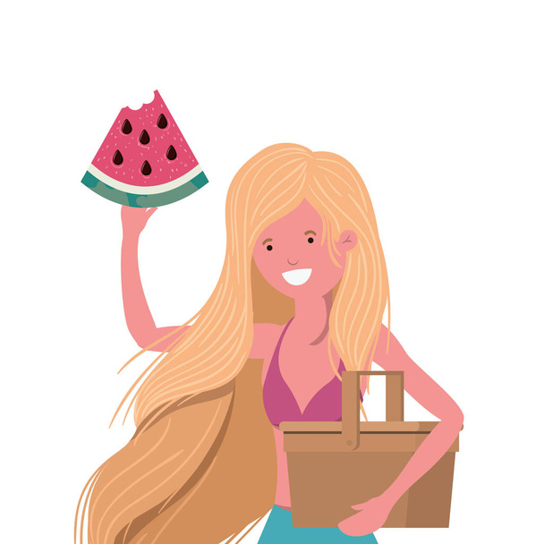 woman with swimsuit and portion of watermelon in hand - Vector, Image