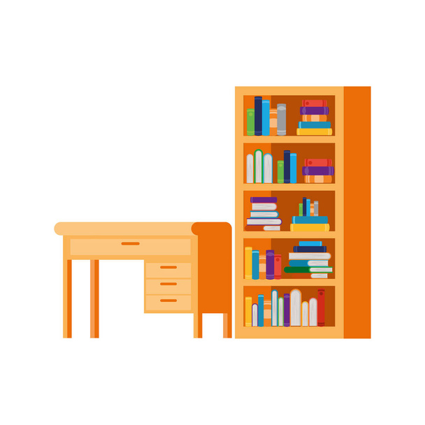 psací stůl a regály se zásobníkem knih na bílém pozadí - Vektor, obrázek
