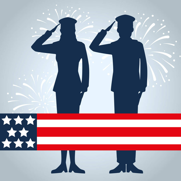 休日にアメリカの旗を持つ愛国的な兵士 - ベクター画像