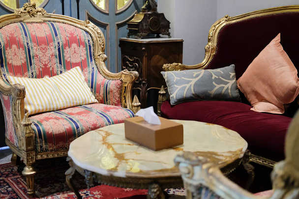 sofá de veludo de luxo com tapete na sala de estar
 - Foto, Imagem