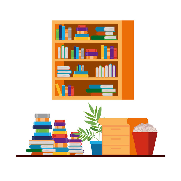 prateleiras com livros e gaveta de madeira
 - Vetor, Imagem