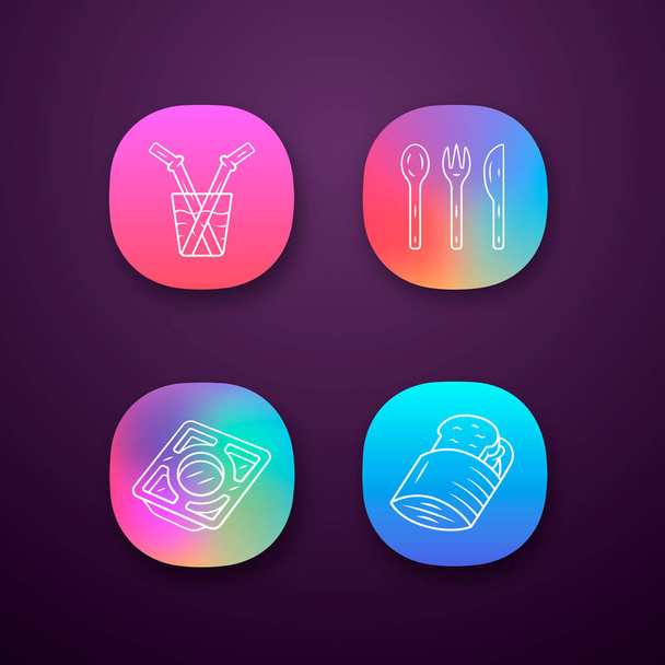 Zero waste kitchen cutlery set app icons set - Vektor, kép