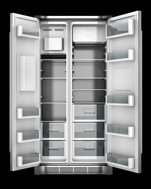 современный холодильник с открытыми дверями на черном фоне
 - Фото, изображение