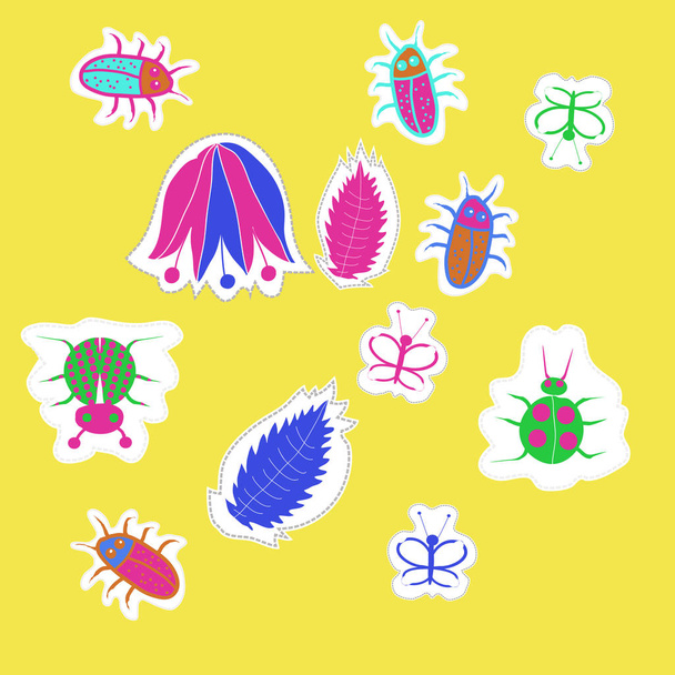 Az absztrakt színes bogarak, levelek és virágok folytonos mintája - Vektor, kép
